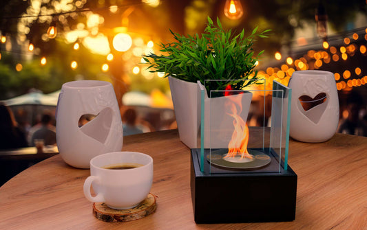 Bioethanol Tischkamin Smart mit Sicherheitsglas – Schwarz, 13x13x17 cm